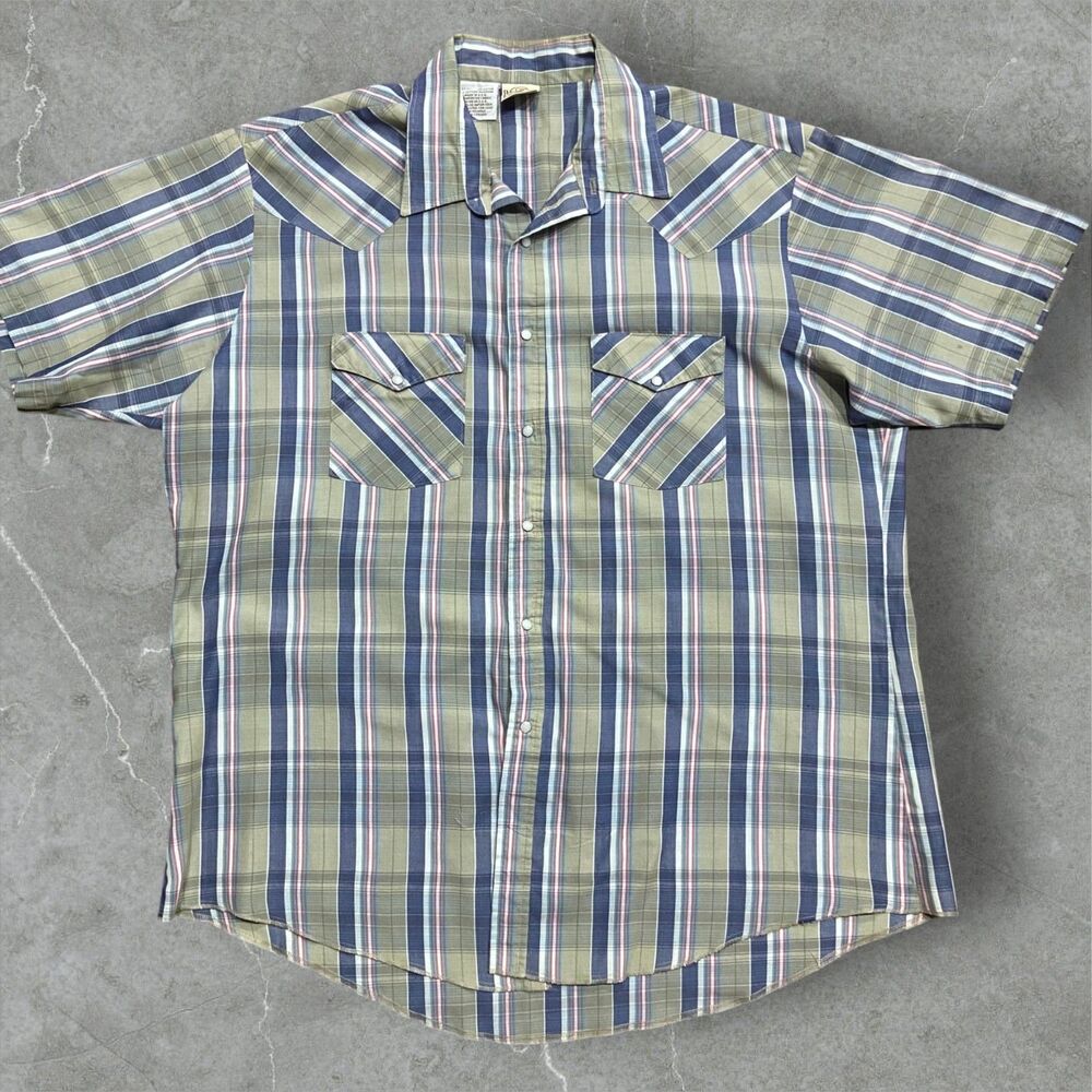 Western Frontier Vintage Pearl Snap Plaid Gray Navy Button Up Shirt Mens Size XL